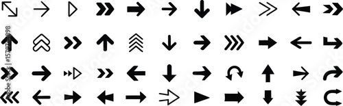 Arrow icon set. Big collection of different black vector arrows. Various pointer and direction symbols for navigation, web, and UI design. Isolated on white background.