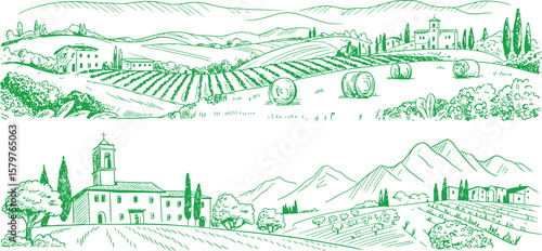 Vintage tuscany landscape drawing vector illustration italian countryside sketch scenic view artwork  editable vector.