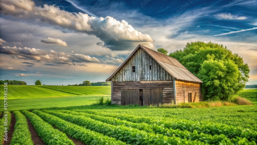 A rustic farm landscape with a old wooden barn and fields of green crops A rustic farm landscape with a old wooden barn and fields of green crops