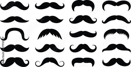 mustache icon set with various retro styles in a black silhouette. collection of gentleman facial hair shapes. isolated vector illustration for classic and hipster design.
