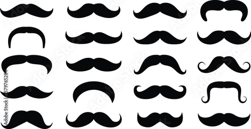 mustache icon set with various retro styles in a black silhouette. collection of gentleman facial hair shapes. isolated vector illustration for classic and hipster design.