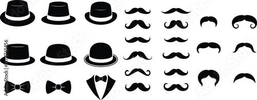 retro mustaches icon set with, bowler hats, and bow ties. collection of black silhouette accessories for vintage style. classic men's fashion vector elements.
