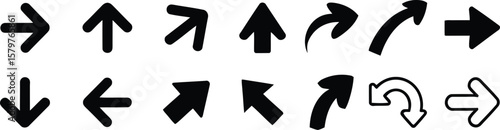 arrows icon set with various direction pointers in a simple black silhouette style. collection of straight and curved symbols for navigation and ui design. vector pack.