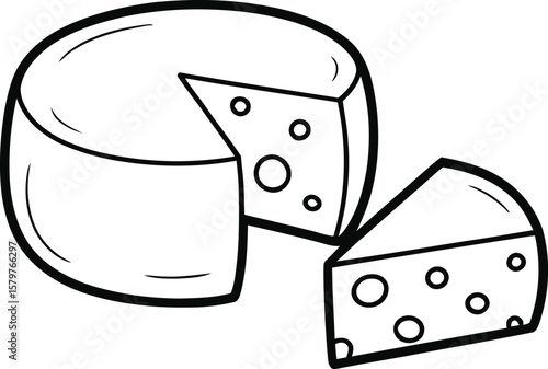 Simple black and white line drawing of a round cheese with a slice cut out showing holes