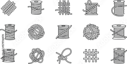 A set of thread spool icons in various arrangements, showcasing different textures and patterns