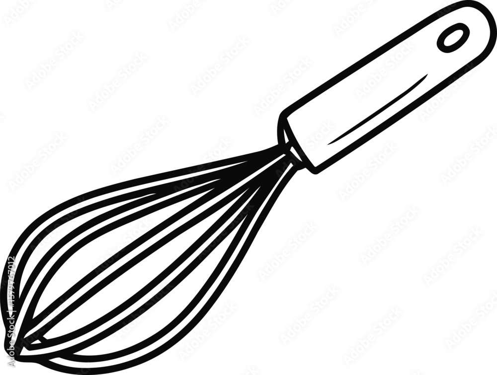 Obraz premium Simple black and white line drawing of a kitchen whisk on a white background