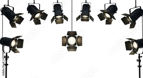 Studio Lighting Fixtures Arranged on Black Backdrop