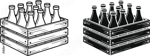 Wooden crate filled with glass bottles in black and white line art style