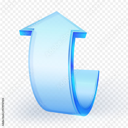 3D blue glass arrow curving upwards, symbolizing growth, progress, upload, or an improving trend. Ideal for business, technology, and success concepts. Vector illustration.