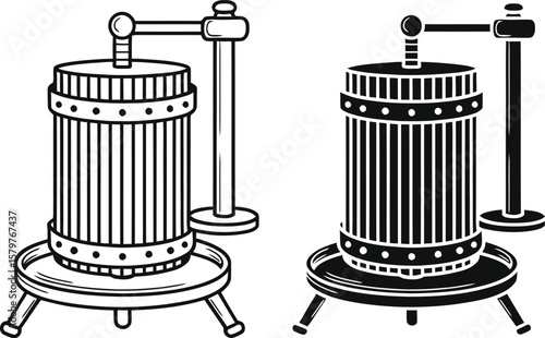 Two stylized icons of a fruit press or wine press in black and white