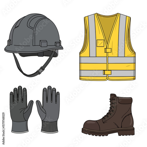 Construction worker safety equipment:Essential safety gear for construction work, including helmet, safety vest, gloves, and work boots.