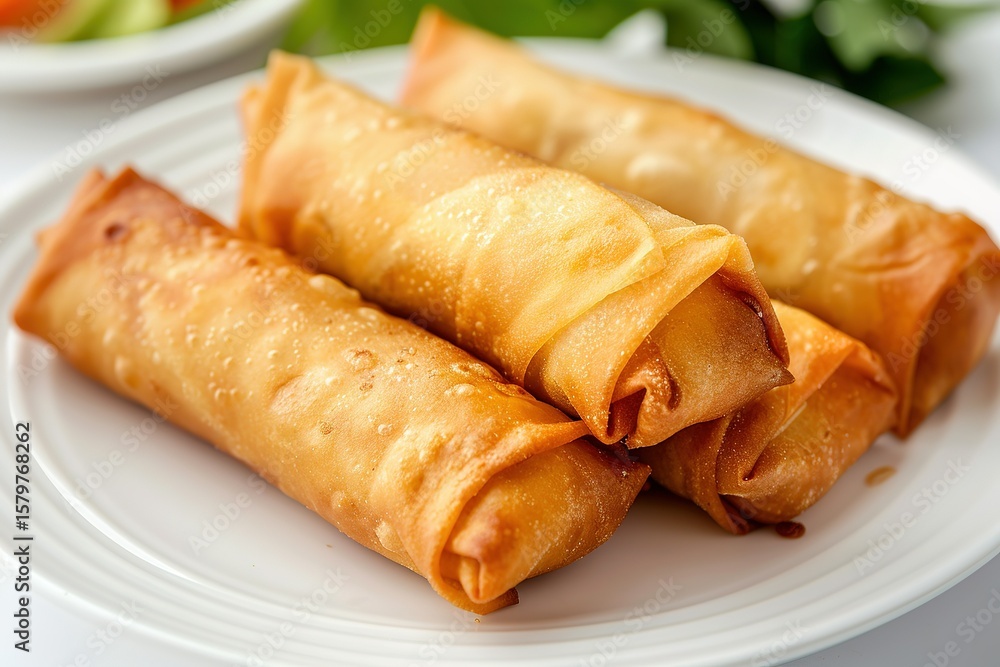 Crispy golden spring rolls on a white plate close-up view of delicious Asian appetizer Crispy golden spring rolls on a white plate close-up view of delicious Asian appetizer