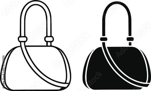 Two stylized handbag icons one in outline and one in solid black