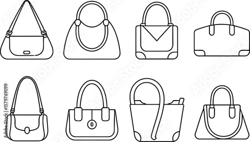 Collection of eight different black and white line art handbag icons