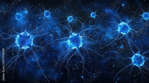 Radiant Blue Neurons in Top-Down View with Bokeh Background and Abstract blue-coloured neuron cells