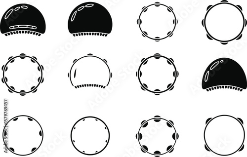 Set of black tambourine and handheld percussion instrument icons