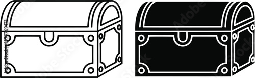 Two stylized treasure chests one in outline and one in solid black silhouette