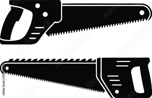 Two black silhouette hand saws with sharp teeth and ergonomic handles on a white background