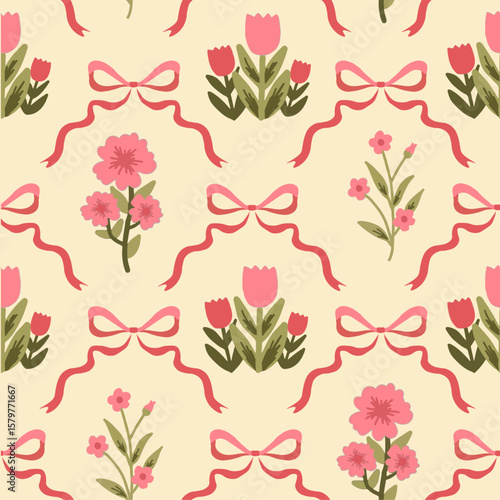 Vintage seamless pattern with pink spring floral bouquets and pink coquette ribbon, cute trendy background.