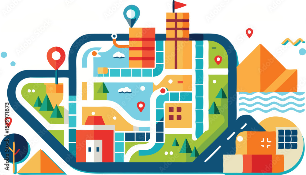 Fototapeta premium A comprehensive collection of colorful route map illustrations, featuring navigation pins, winding paths, and stylized landscapes to indicate travel and destination