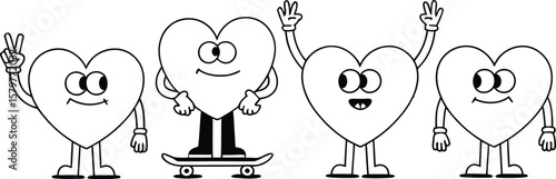 Four cartoon hearts with faces and limbs in a line