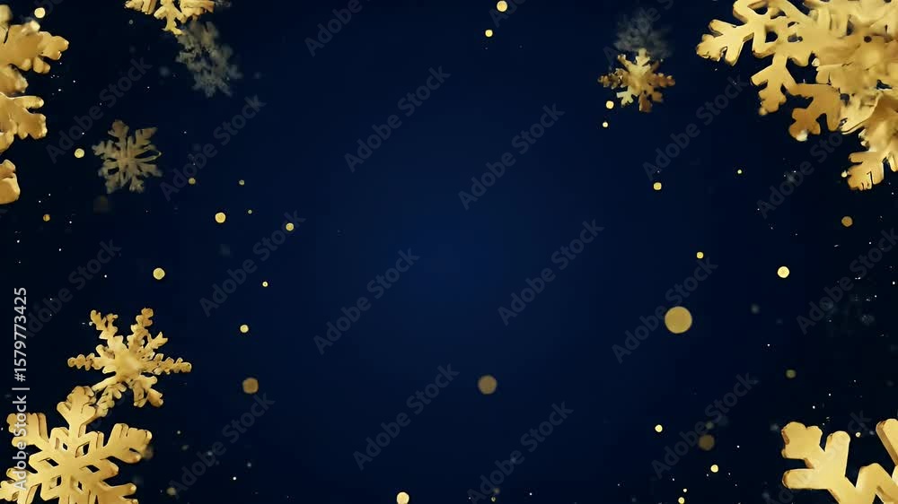 Golden Snowflakes and Confetti Cascade on a Dark Blue Holiday Background Golden Snowflakes and Confetti Cascade on a Dark Blue Holiday Background
