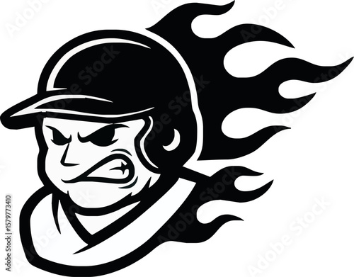 Fiery baseball player mascot, intense expression, flames, black and white, cartoon style.