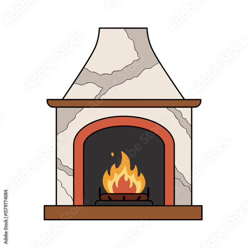 Marble fireplace with fire in a cozy, modern design  