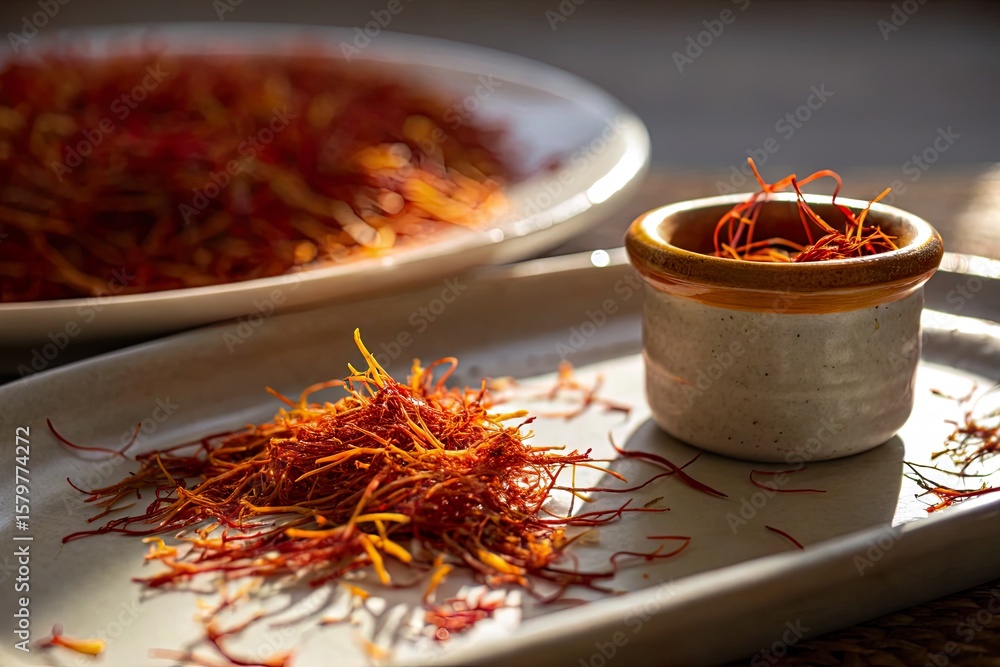 Fototapeta premium Close-up of vibrant saffron strands on a plate, with a small bowl, in a warm kitchen setting
