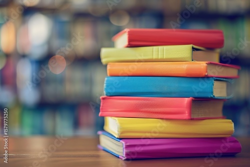 Stack of colorful books on a wooden table with a blurred bookshelf background