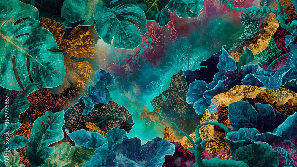 Fototapeta premium Abstract Teal and Gold Foliage with Cosmic Background