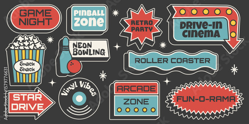 Retro sticker set. Signs for arcades, bowling, vinyl and games in vintage mid century 50s style. Vector illustration on dark background