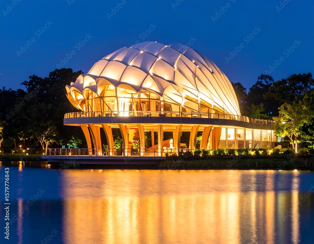 Fototapeta premium Illuminated dome structure over water at night