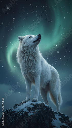 White Wolf Howling Under Aurora 8K Wallpaper, Arctic Wolf and Northern Lights 8K, Majestic Wolf on Cliff at Night 8K