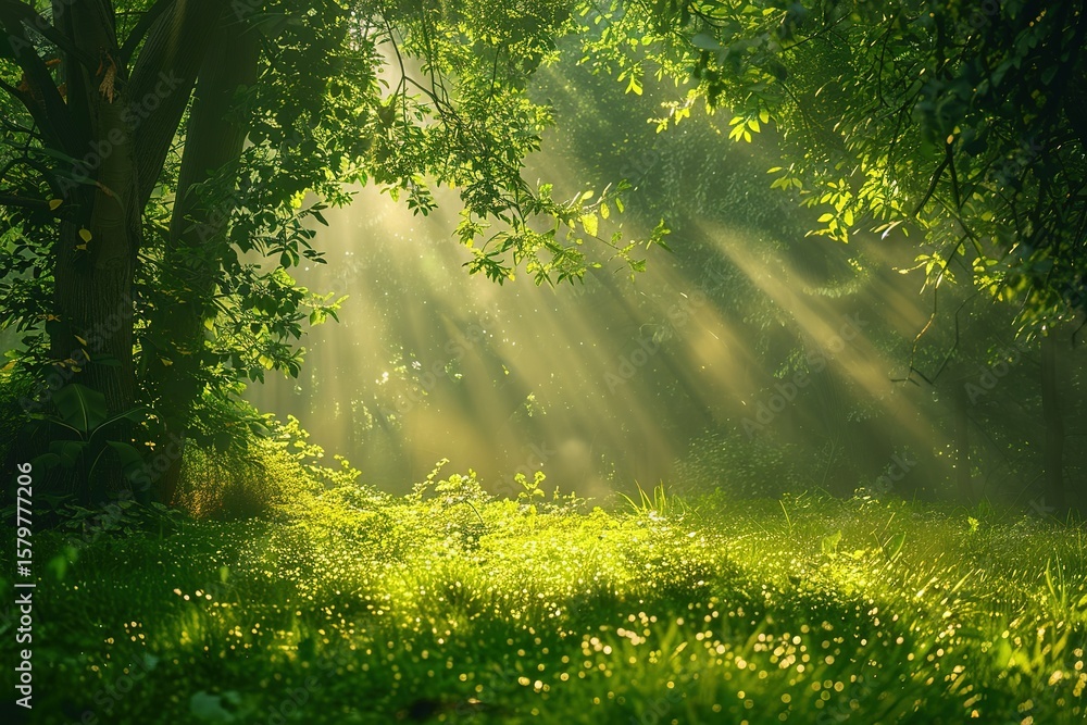 Obraz premium Sunlight filters through lush green forest canopy illuminating the forest floor