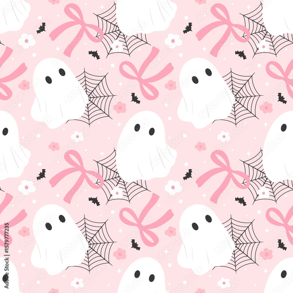Fototapeta premium Pink Halloween Ghost Coquette Bows Seamless Pattern 