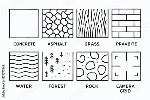 Illustrative Surface Textures: Concrete, Asphalt, Grass, Brick, Water, Forest, Rock, and Grid