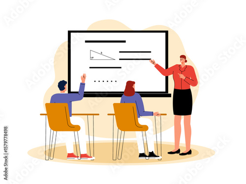Teacher gives practice questions to students who can answer the questions on the white board. School illustration. Flat vector illustration.