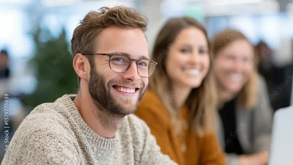 Smiling Colleagues: The image showcases the friendly faces of a diverse group of individuals, exuding warmth and approachability as they engage in a collaborative work environment. Smiling Colleagues: The image showcases the friendly faces of a diverse group of individuals, exuding warmth and approachability as they engage in a collaborative work environment.