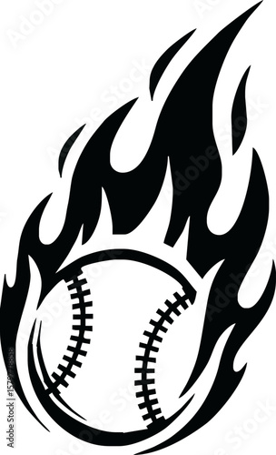 A stylized baseball engulfed in flames, a graphic design.