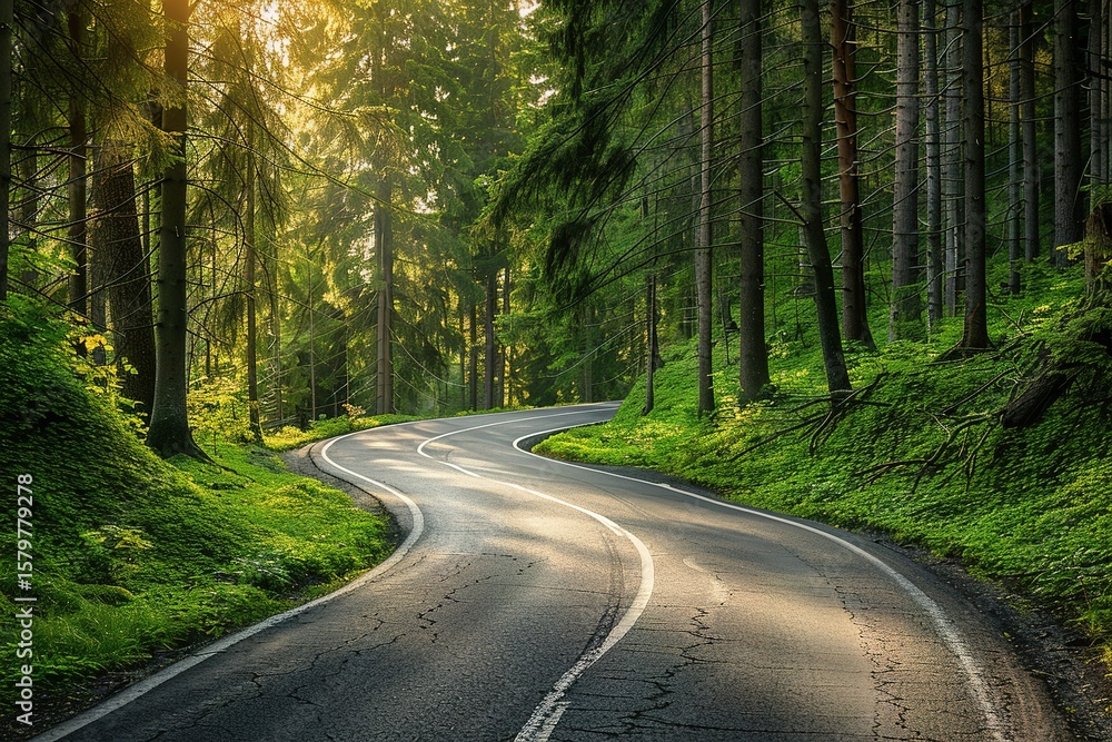 Fototapeta premium Winding road through a vibrant green forest with sunlight filtering through the trees