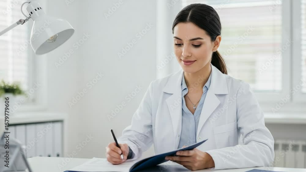 Young female doctor writing in a medical chart at her desk. Smiling general practitioner working with patient documents in a modern clinic office. Young female doctor writing in a medical chart at her desk. Smiling general practitioner working with patient documents in a modern clinic office.