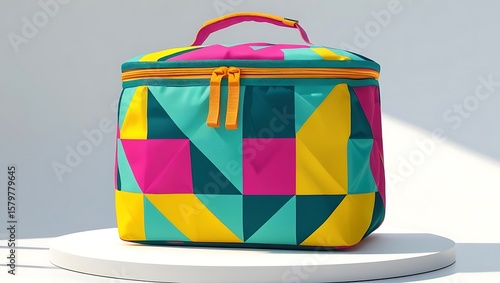 Vibrant geometric patterned insulated lunch bag with dual zippers