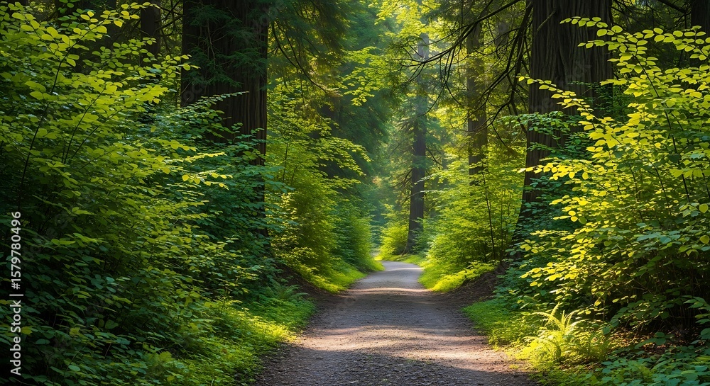 Fototapeta premium Sunlit Path Winding Through Lush Green Forest Tall Trees Vibrant Foliage Tranquil Nature Scene forest path