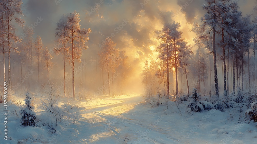 Fototapeta premium Winter forest path at sunrise