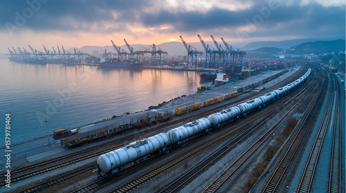 Aerial View of Tanker Train at Seaport