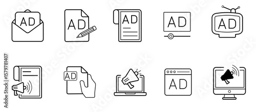 ads and marketing icons as email advertisement, compose content in black line color Pro Vector