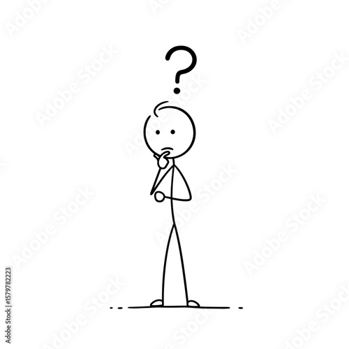 A simple black and white stick figure cartoon illustration depicts a person pondering a question, symbolizing confusion or deep thought.