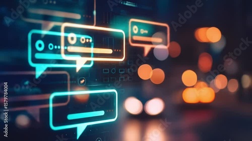 In the heart of a bustling urban scene, neon speech bubbles float, illuminating the night with the promise of digital communication. The image captures the essence of modern networking.