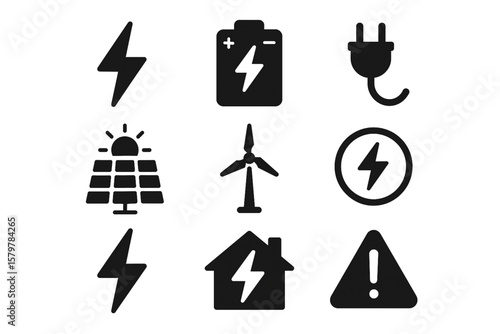 Electricity and Energy Icon Set – Black Silhouette Vector with Lightning Bolt, Battery, Plug, Solar Panel, Wind Turbine and Renewable Power Symbols